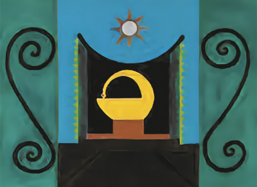 Pintura representando a escultura de um pássaro com o pescoço em forma de arco, voltado para trás, de modo que o pássaro toca sua própria cauda com a cabeça. A escultura está sobre um pedestal apoiado em uma mesa, com a figura de um sol ao fundo sobre um céu azul, e dois ornamentos de formas curvas em paredes ao lado esquerdo e ao lado direito da escultura.