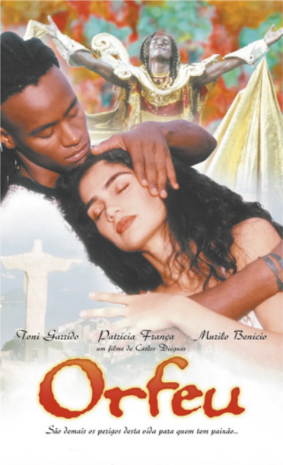Cartaz de filme com fotografia de uma mulher de cabelos longos e olhos fechados deitada no colo de um homem com tranças nos cabelos, que a abraça e acaricia os cabelos dela. Ao fundo há uma imagem do mesmo homem olhando para o alto, com os braços abertos, usando uma espécie de fantasia de carnaval semelhante a uma armadura.