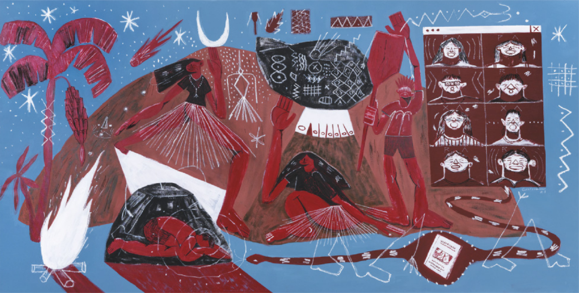 Pintura representando pessoas indígenas em diversas posições em frente a uma oca, com uma fogueira, uma bananeira, uma serpente com um livro na barriga, entre outras figuras, sob um céu noturno com a lua, estrelas e uma espécie de meteoro caindo. No canto direito da pintura está representada uma janela de tela de computador com imagens de oito rostos de indígenas conversando em uma reunião online.