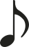 Símbolo de nota musical colcheia, com a forma de uma elipse preenchida, acompanhada por um traço na vertical do lado direito da elipse, com um traço curvo em forma de arco para a direita, que desce a partir da extremidade do primeiro traço, em direção à elipse.