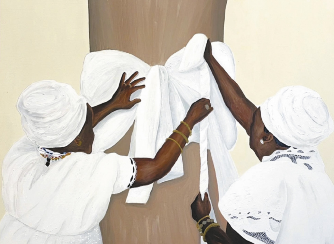 Pintura representando duas mulheres com trajes brancos e lenços na cabeça, usando pulseiras, manuseando um grande laço de tecido branco amarrado no tronco de uma árvore.