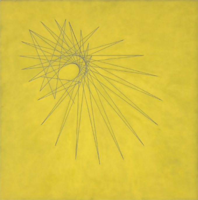 Pintura de linhas que configuram formas geométricas abstratas, com ângulos agudos em rotação, formando uma figura semelhante a uma representação estilizada do Sol, sobre um fundo de cor amarela.