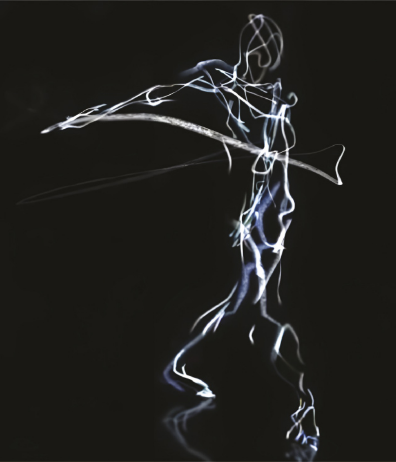 Imagem de uma figura humana dançando em pé, com o corpo desenhado por traços de luz sobre um fundo escuro.