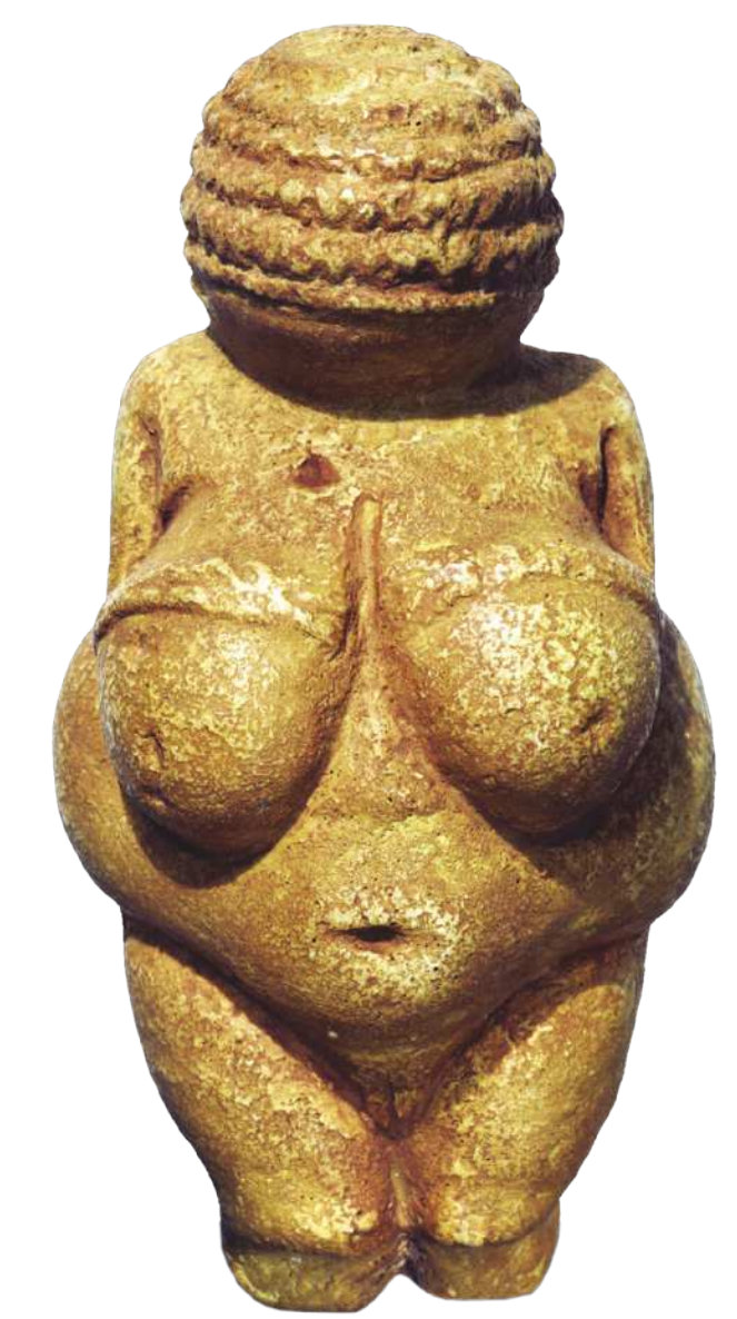 Fotografia de escultura representando uma mulher nua com a barriga protuberante e seios fartos, sem rosto aparente e com uma touca sobre a cabeça.