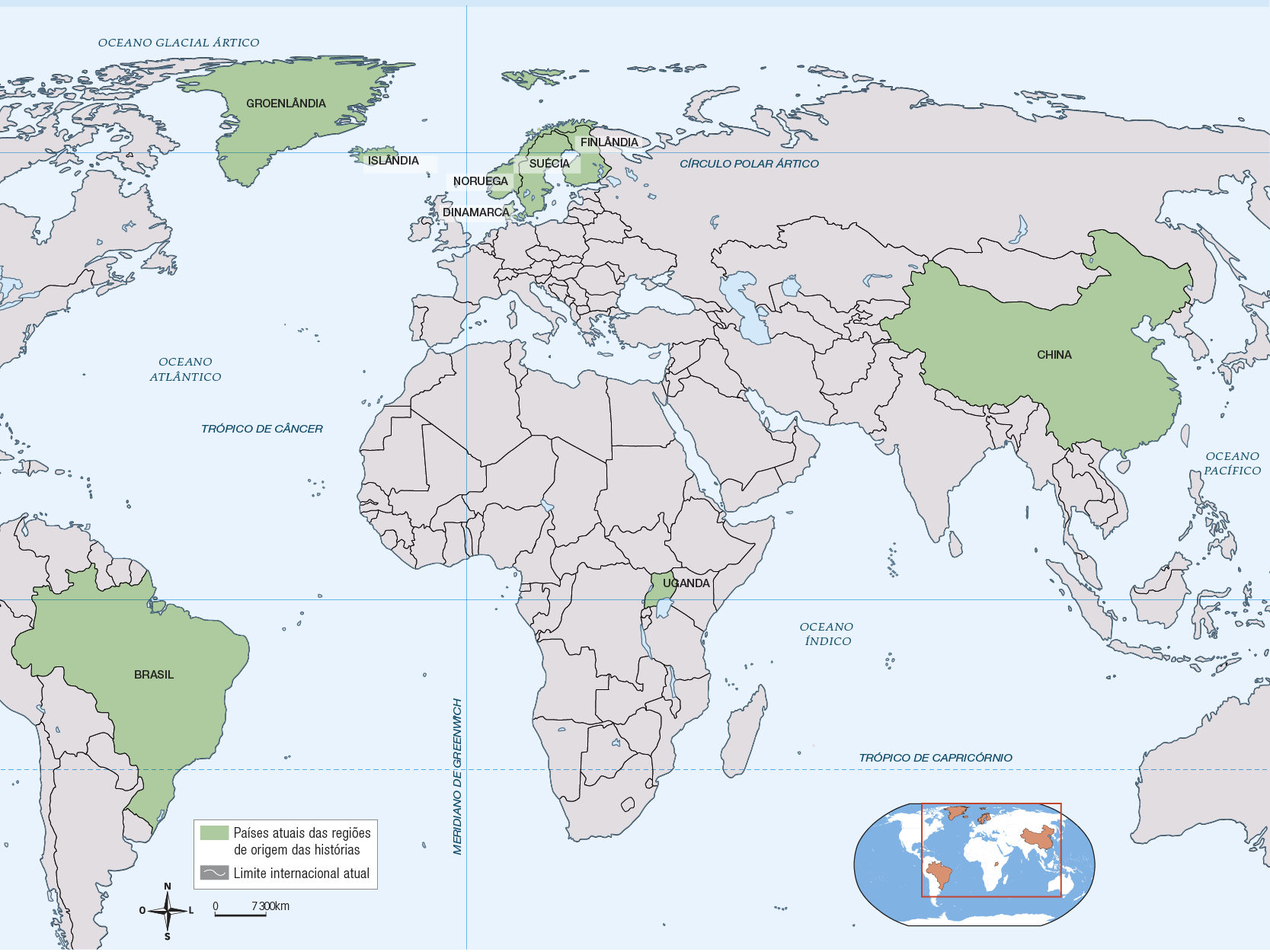 Mapa-múndi com os limites internacionais e com alguns países em destaque. Ao Norte, estão destacadas a Groenlândia, localizada no continente americano, e Islândia, Dinamarca, Noruega, Suécia e Finlândia, localizadas no continente europeu. Na América do Sul, está destacado o Brasil. No continente africano, Uganda está em destaque. Na Ásia, a China está destacada. No mapa, também estão indicadas as linhas dos paralelos, meridianos e os oceanos Pacífico, Índico, Atlântico e Glacial Ártico. No canto inferior direito, há um planisfério com os mesmos países em destaque.