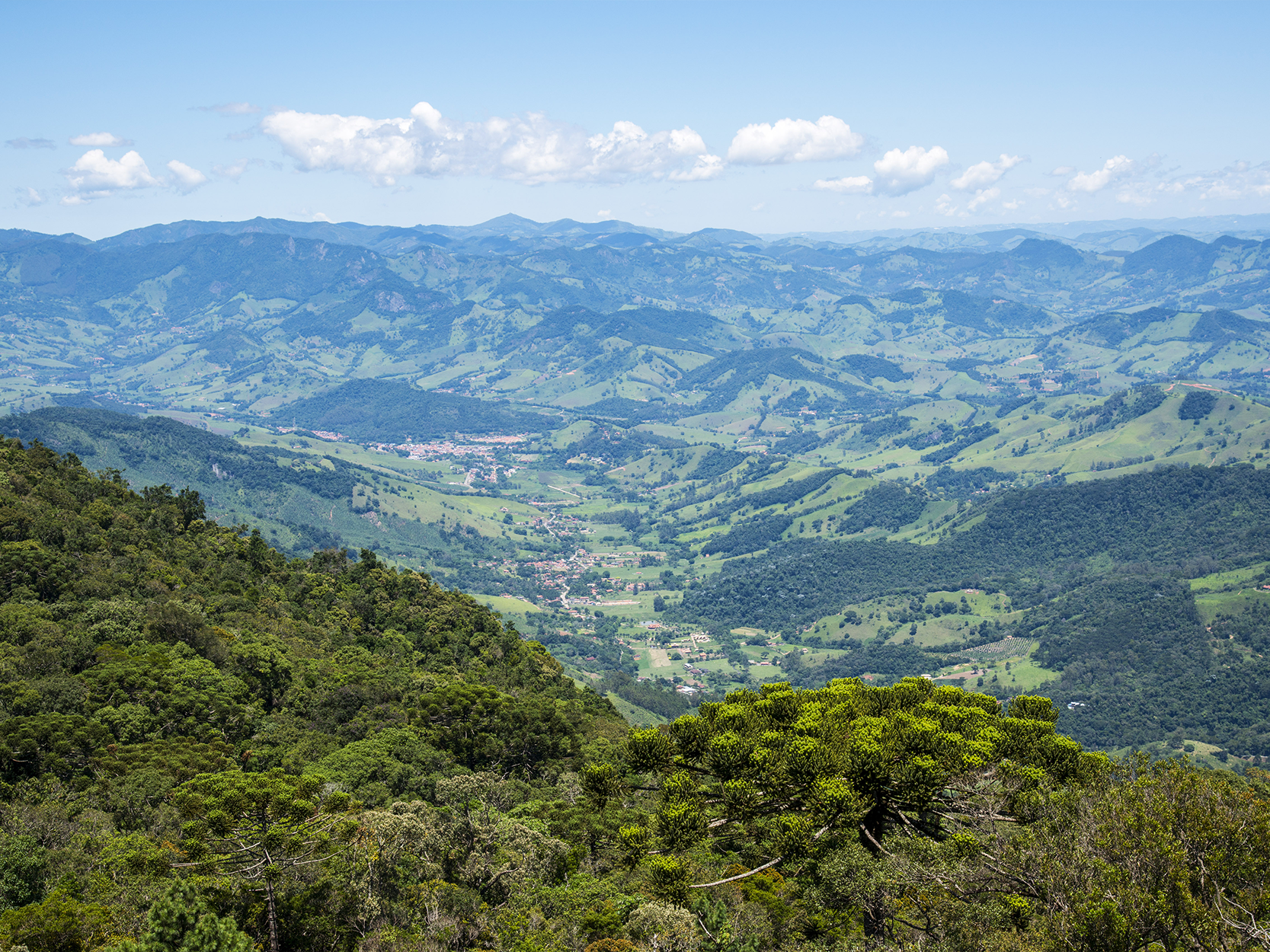 Fotografia com vista aérea de uma região montanhosa coberta por vegetação. Em primeiro plano, predominam árvores de cor verde-claro, enquanto ao fundo as árvores têm coloração verde-escuro, espalhadas por várias montanhas com algumas construções ao centro. O céu está claro, com poucas nuvens.