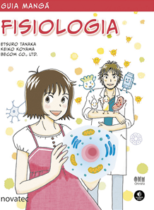Capa de um livro com o título: Guia mangá: Fisiologia. Abaixo está escrito: Etsuro Tanaka; Keiko Koyama; Becom C O. L T D. Há uma ilustração de uma jovem segurando uma célula; e ao fundo um homem com jaleco, e nos braços dele tem figuras que se assemelham a caixa de leite, ovo, frasco e pão.