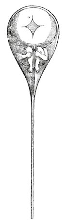 Ilustração em preto e branco de uma estrutura semelhante com um balão, com a parte inferior afinada e alongada. Dentro há um círculo com um losango, e abaixo dela há parte de um corpo: braços e pernas. O círculo é bem maior que o corpo.