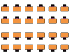 Ilustração de 24 carteiras escolares divididas em dois grupos virados de frente um para o outro. Cada grupo está organizado em duas fileiras com 6 carteiras em cada uma.