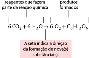 Esquema com uma reação química. 6 C O 2, mais, 6 H 2 O, seta para direita, 6 O 2, mais, C com subscrito 6 H 12 O 6. Está indicado que, a parte antes da seta corresponde a: reagentes que fazem parte da reação química. Para seta está indicado que: A seta indica a direção da formação de nova(s) substância(s). E a parte depois da seta está indicado como: produtos formados.