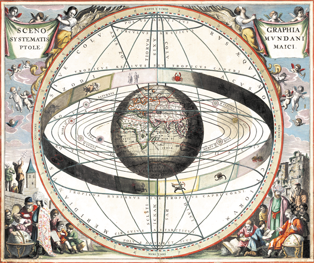 Gravura de uma esfera, com o planeta Terra ao centro, e em sua volta órbitas com o Sol, planetas e estrelas. No entorno das órbitas há um outro círculo, com símbolos contendo pessoas, animais e objetos. Em volta da esfera, há representações de pessoas na parte inferior e anjos na parte superior.