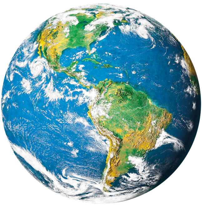 Fotografia do planeta Terra com a face voltada para os continentes da América do Norte e América do Sul, e nuvens sobre eles.