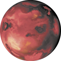 Fotografia de uma lua com formato de uma esfera, com coloração não uniforme, apresentando cor em tons de vermelho e algumas manchas escuras na superfície.