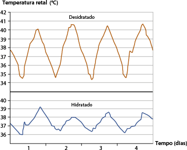 Gráfico de linha. No eixo vertical a temperatura retal em graus Celsius, e no eixo horizontal o tempo em dias. São dois gráficos, na parte superior o gráfico referente ao camelo desidratado, apresenta amplitude entre os picos superiores e inferiores de temperatura ao longo dos dias, a temperatura no dia 1 cai de aproximadamente de 38 graus para quase 35 graus, entre dia 1 e 2, sobe a 40 graus e cai para quase 35 graus, entre os dias 2 e 3, sobe a temperatura cerca de 40,5 graus e desce para 34,5 graus, entre os dias 3 e 4, sobe a temperatura cerca de 40,5 graus e desce para 34,5 graus. Abaixo o gráfico referente ao camelo hidratado, apresenta pequena amplitude entre os picos superiores e inferiores de temperatura ao longo dos dias, a temperatura no dia 1 cai de aproximadamente de 37 graus para 36 graus, entre dia 1 e 2, pico de 39 graus e cai para quase 37 graus, entre os dias 2 e 3, sobe a temperatura para 38 graus e desce para aproximadamente 37 graus, entre os dias 3 e 4, sobe a temperatura cerca de 38,5 graus e desce para 36 graus.