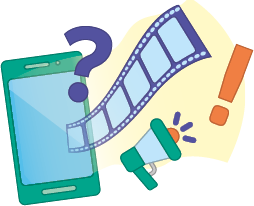 Ilustração de um celular junto a um ponto de interrogação. Saindo da tela do celular há um filme fotográfico. Ao lado um megafone e um ponto de exclamação.