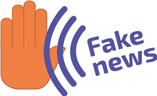 Ilustração de uma mão com a palma voltada para cima. A partir do dedo polegar saem três linhas verticais em formato de semicírculo, representando o de sinal de internet. Ao lado está escrito Fake News.