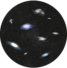 Ilustração de um fundo escuro com pontos luminosos e 9 espirais luminosas de diferentes tamanhos com uma região circular de brilho intenso no meio.