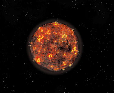 Ilustração de fundo escuro com pontos brilhantes, e ao centro uma esfera com tons de vermelho e manchas amarelas brilhantes, de onde saem feixes luminosos. Ao redor de sua margem externa há uma faixa luminosa.