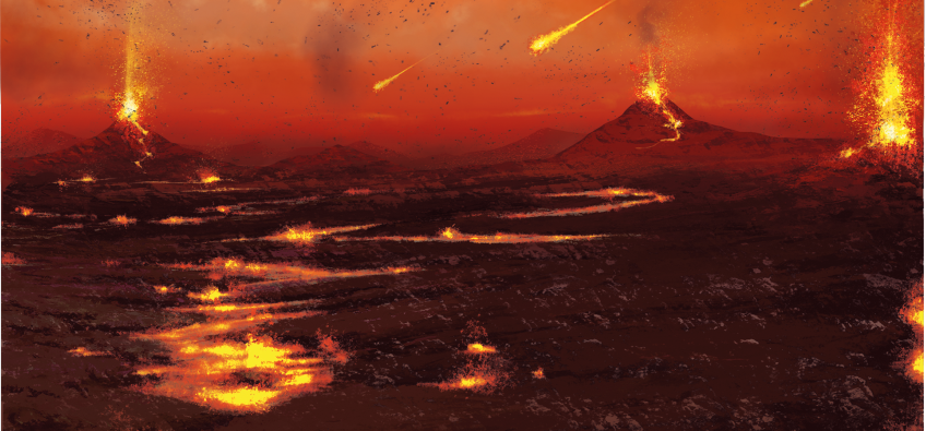 Ilustração de um chão escuro, com aspecto de rios de lava. Ao fundo, há vulcões expelindo lava e fumaça. O céu apresenta uma tonalidade avermelhada, e há meteoros caindo em direção ao solo.