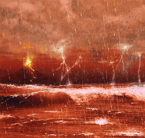 Ilustração de um mar com ondulações e tonalidade avermelhada. Ao fundo, há um vulcão expelindo lava. O céu apresenta uma tonalidade avermelhada, com muitas nuvens, raios e chuva caindo.