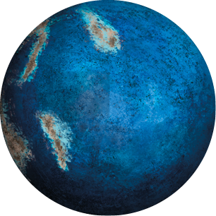 Ilustração de uma esfera, com coloração azul e algumas manchas escuras; com quatro áreas de formato irregular em tons marrons e azul claro.
