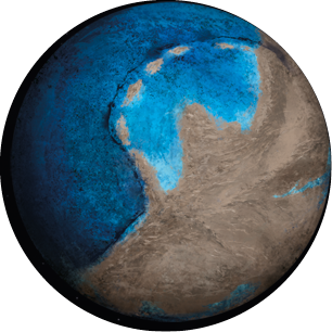 Ilustração de uma esfera, com coloração em tons de azul, com algumas manchas escuras. Uma área grande de formato irregular em tons marrons.