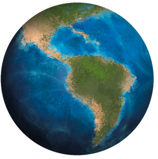 Ilustração de uma esfera com tons de azul claro e escuro, e com diversas áreas com formato irregular com coloração esverdeada e marrom, representando o continente americano.