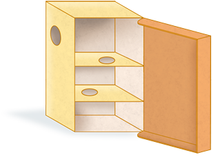 Ilustração de uma caixa retangular posicionada na vertical, com a tampa aberta. No interior, há duas divisórias retangulares na horizontal, cada uma com um orifício e um orifício na parte superior da lateral esquerda.