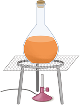 Ilustração de um recipiente de vidro que possui a base redonda e a parte superior cilíndrica e fina, fechado com uma rolha, e com um líquido laranja dentro. Ele está suspenso em um suporte metálico e abaixo dele há um objeto cilíndrico vertical com uma válvula e uma mangueira.