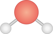 Ilustração de uma estrutura tridimensional composta por três esferas conectadas por palitos. Uma esfera vermelha maior está posicionada no centro e conectada a duas esferas brancas menores, uma de cada lado.