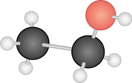 Ilustração de uma estrutura tridimensional composta por duas esferas pretas conectadas entre si por um palito, com uma delas também conectada a uma esfera vermelha. Cada uma das três esferas também está conectada a esferas brancas menores, sendo uma preta conectada a 3 esferas brancas, a outra por 2 esferas brancas e a esfera vermelha conectada a uma esfera branca.