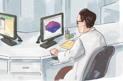 Ilustração de um homem usando jaleco sentado em frente a um computador que está sobre uma mesa. Ele está olhando para uma imagem azule roxa na tela do computador.