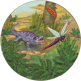 Ilustração de uma animal semelhante a um lagarto, com corpo robusto e boca aberta com dentes aparentes, em meio a vegetação. Voando ao redor há uma libélula.