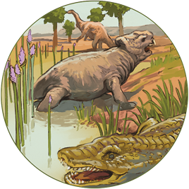 Ilustração de um animal semelhante a um jacaré. Logo atrás, está um animal quadrúpede de grande porte com o corpo parte na água e parte na terra. Ao fundo, há um dinossauro apoiado nas patas traseiras e com as dianteiras curtas. No entorno, há vegetação.