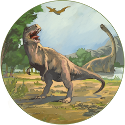 Ilustração de um dinossauro apoiado nas patas traseiras e com as dianteiras curtas. Ao fundo há um dinossauro com o pescoço longo dentro da água e, no céu, um dinossauro voador. No entorno, vegetação.