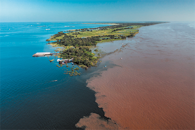 Fotografia do encontro entre dois rios. À esquerda, o rio tem coloração escura em azul, e à direita, o rio tem coloração marrom, em primeiro plano. Ao fundo, há um trecho de superfície com vegetação dividindo os dois rios.