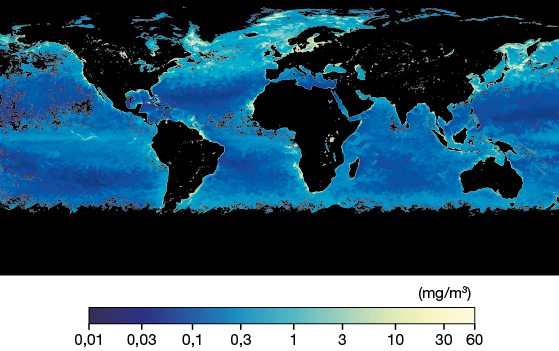 Mapa do planisfério terrestre evidenciando os continentes em preto e mares e oceanos em diferentes tons que vão do azul escuro ao branco de acordo com a quantidade, em miligramas, de clorofila a detectada em um metro cúbico. Essa concentração é representada por uma escala de cores que está na parte inferior da imagem, em que baixas concentrações, próximas a 0 vírgula 0 1, apresentam a cor azul escura e altas concentrações; próximas de 60 miligramas por metro cúbico, apresentam cor próxima ao branco. Os oceanos têm predominância de tons azul escuros e azul claro, indicando concentrações moderadas a baixas de clorofila a. Essas áreas são especialmente visíveis em regiões de oceano aberto, longe dos continentes. Próximo às costas e em regiões como o Oceano Ártico, aparecem tons esverdeados e amarelos, que indicam concentrações mais altas de clorofila a.