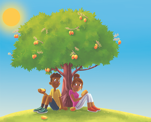 Ilustração de duas pessoas sentadas embaixo de uma árvore com frutos, e segurando nas mãos uma fruta. No céu claro está o Sol.