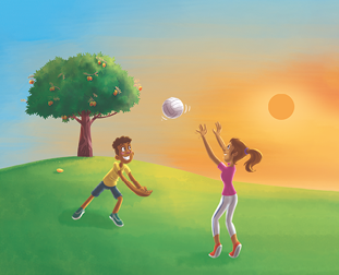 Ilustração de duas pessoas em um gramado, jogando vôlei. A bola está no ar, enquanto uma das pessoas está com o braço estendido para frente na direção da bola, e a outra está com os braços estendidos para frente. Atrás delas, há uma árvore com frutos e, no céu, o Sol.
