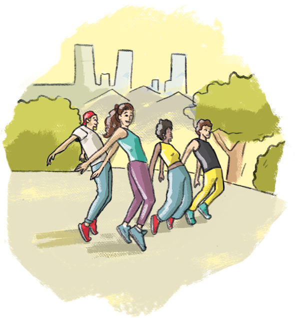 Ilustração de quatros pessoas em pé, com o corpo inclinando em movimento de dança. Elas estão em um local aberto com vegetação e construções.
