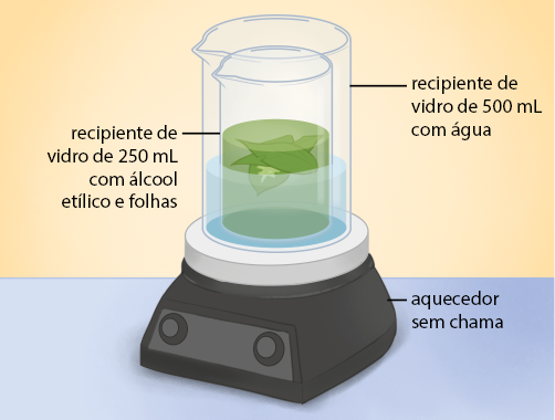 Ilustração de um equipamento chamado aquecedor sem chama, semelhante a base de um liquidificador, com dois botões e a parte superior plana e redonda de metal. Em cima, há um recipiente de vidro de 500 mililitros com água e, dentro dele, um recipiente de vidro de 250 mililitros com álcool etílico e folhas, o líquido está com coloração esverdeada.