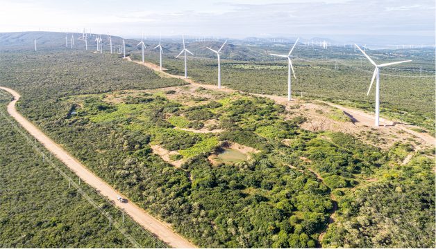 Fotografia aérea mostrando uma área de vegetação com uma estrada de terra no lado esquerdo e do lado direito torres com um gerador e 3 pás em cada uma. As torres estão uma ao lado da outra iniciando do lado direito e seguindo ao plano de fundo.