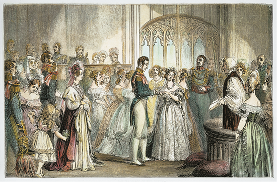 Gravura de pessoas em um palácio com janelas ornamentadas. As mulheres estão usando vestidos volumosos e longos, com cabelos presos e adornos na cabeça, enquanto os homens vestem casaco com adornos nos ombros e calças justas. Ao centro há uma mulher usando um vestido branco, volumoso e com enfeites, ela está segurando as mãos de um homem. À direita, há um homem segurando um livro atrás de um púlpito.