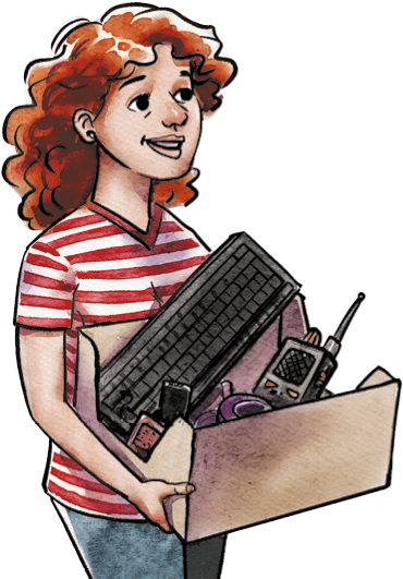 Ilustração de uma mulher carregando uma caixa com teclado, rádio comunicador entre outros produtos eletrônicos.