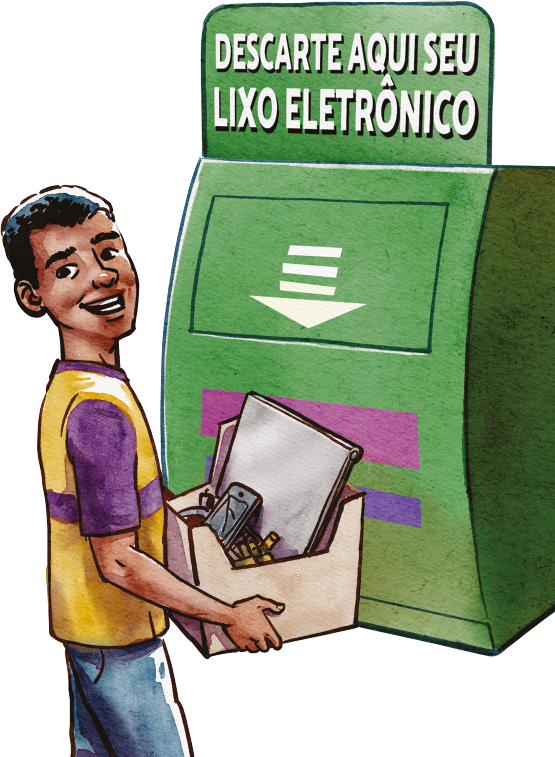 Ilustração de um menino carregando uma caixa com celular, notebook entre outros produtos em frente a um coletor de lixo eletrônico com os dizeres: descarte aqui seu lixo eletrônico.
