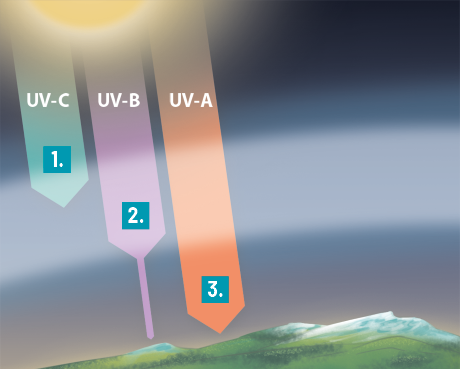 Ilustração de parte da atmosfera evidenciando 4 camadas de diferentes tons de azul. Na margem superior, há um semicírculo representando o sol e dele saem 3 setas largas em direção à superfície terrestre na parte debaixo. A seta da esquerda, mais curta, termina na segunda camada da atmosfera e tem a indicação U V C e o número 1. A seta do meio, mais comprida, termina na divisão entre segunda e a primeira camada e tem a indicação U V B e o número 2. E a seta da direita atinge a superfície terrestre e tem a indicação U V A e o número 3.
