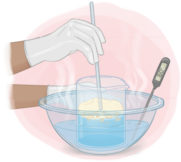 Ilustração de uma bacia transparente com a base mais estreita que a abertura de cima e com as laterais altas; nele há um líquido transparente até a metade e um termômetro, composto por uma haste que fica mergulhada e um visor digital para fora, identificando a temperatura de 60 graus; do líquido sai riscos ondulados esbranquiçados para cima, simulando vapor. Dentro do líquido, há um recipiente de vidro redondo e alto com líquido transparente na parte debaixo e espuma na parte de cima. Uma das mãos, com luva, segura a bacia e a outra segura um bastão de vidro dentro do recipiente.