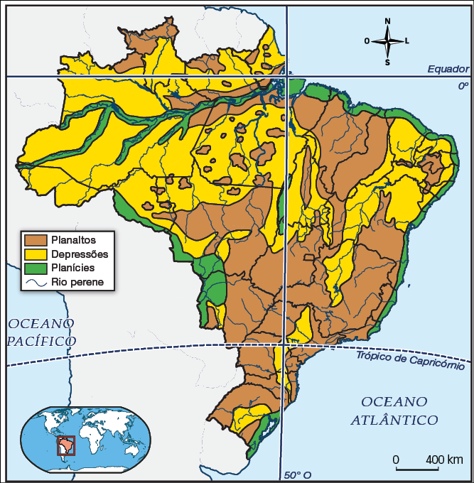 Mapa do Brasil com os limites estaduais e várias regiões destacadas indicando os relevos presentes por todo o país. O relevo de Planaltos está presente em maior concentração no Centro-oeste, Sudeste e Sul, com uma grande área no Nordeste e áreas menores no Norte. O relevo de Depressões está presente em maior quantidade na Região Norte e Nordeste, com áreas dispersas no Centro-oeste, Sudeste e Sul. E o relevo de Planícies abrange a região ao redor de rios no Amazonas, litoral do Pará, norte e litoral do Rio de Janeiro, e oeste da região Centro-oeste.