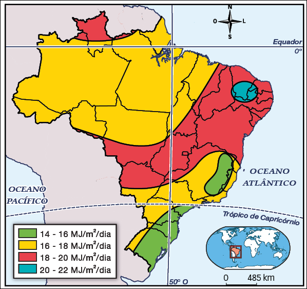 Mapa do Brasil com os limites estaduais com áreas destacadas indicando a variação de radiação solar no País em mega-joule por metro quadrado. De acordo com a legenda as informações são: Nos estados do Rio Grande do Sul, Santa Catarina, porção leste do Paraná e leste de Minas Gerais A radiação varia de 14 a 16 mega-joule por metro quadrado. Na porção oeste do Rio Grande do Sul, oeste de Santa Catarina, Paraná, Sul do Mato Grosso do Sul, São Paulo, Minas Gerais, Espírito Santo, Rio de Janeiro, Mato Grosso, Maranhão, sul de Roraima, e todos os demais estados da Região Norte do país a radiação varia de 16 a 18 mega-joule por metro quadrado. Em pequena parte do norte do Amazonas, estado de Roraima, Sul do Mato Grosso, todos os demais estados da Região Centro-Oeste, assim como o extremo oeste de Minas Gerais e todos os estados da Região Nordeste a radiação varia entre 18 e 20 mega-joule por metro quadrado. E em uma pequena porção abrangendo parte do Ceará, Rio Grande do Norte, Paraíba e Pernambuco a radiação varia de 20 a 22 mega-joule por metro quadrado.
