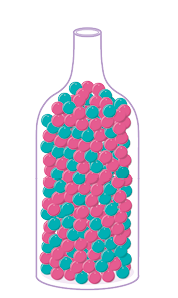 Ilustração de uma garrafa de vidro transparente e no seu interior bolinhas rosas e verdes misturadas em igual quantidade.
